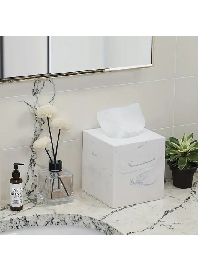 White Imitation Marble Tissue Box Holder 5 12 Inch Square Bathroom Organizer - Image 1